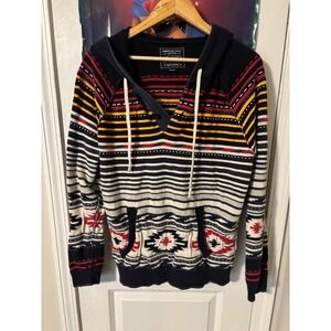 American Eagle Mens Southwestern Knit Hoodie Navy Red Yellow Geometric Sweater M